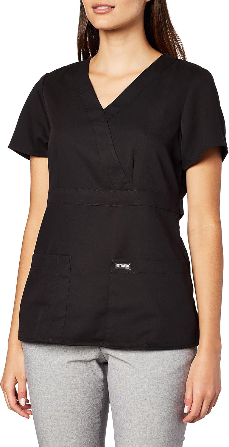 Grey's Anatomy Women's Junior Fit 3 Pocket Mock Wrap Scrub Top, Black, Medium: Medical Scrubs Shirts: Clothing