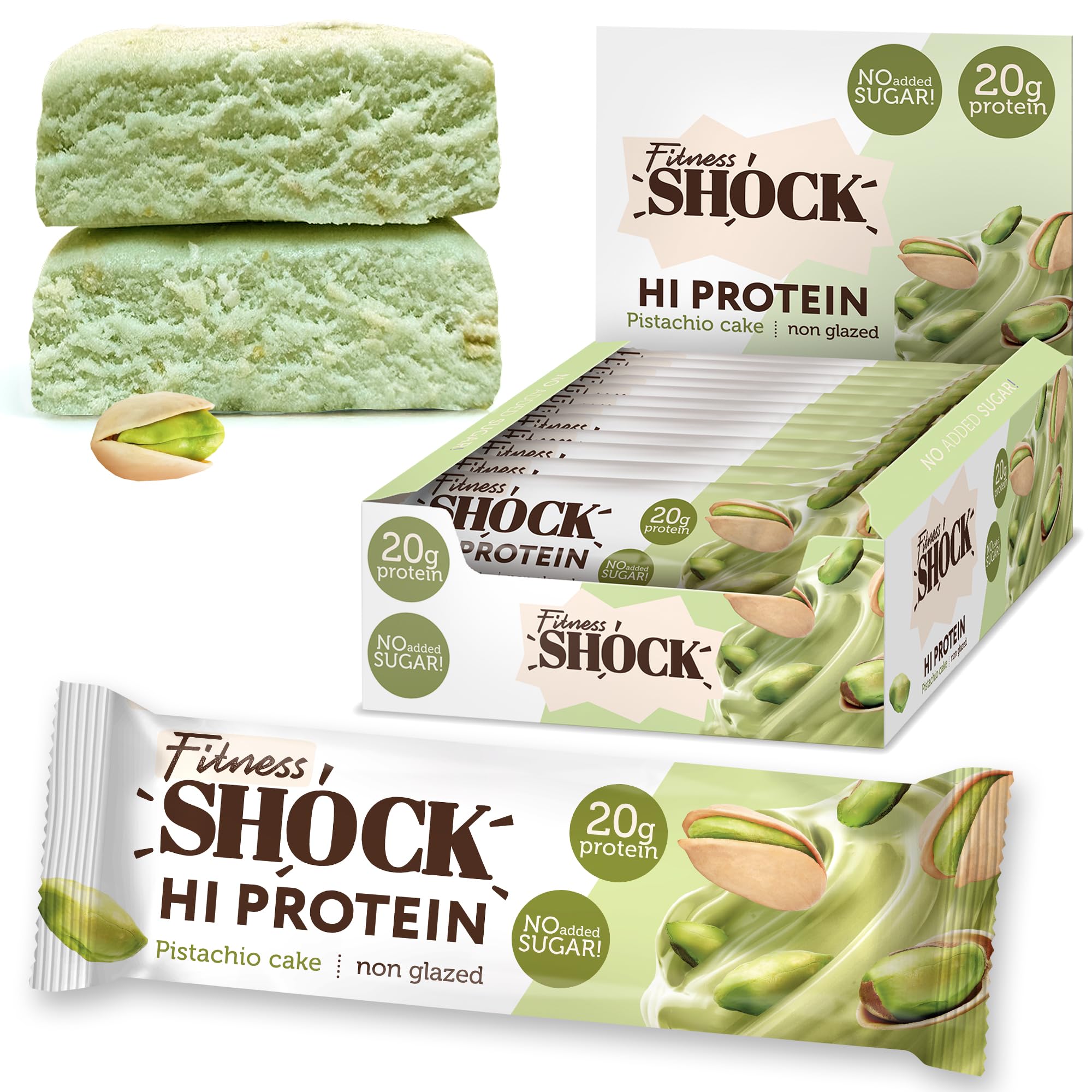 FitnesSHOCK High Protein Bars 20G Protein Content, No Added Sugar, Low Calorie, Low Carb, Rich in Fibre, Pistachio Cake Flavour 12Pcs 60G