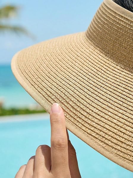 ALTURAGO SUN VISOR HAT FOR WOMEN WIDE BRIM PONYTAIL STRAW HAT UV UPF SUMMER BEACH VACATION PACKABLE FOLDABLE TRAVEL (US, ALPHA, ONE SIZE, KHAKI)