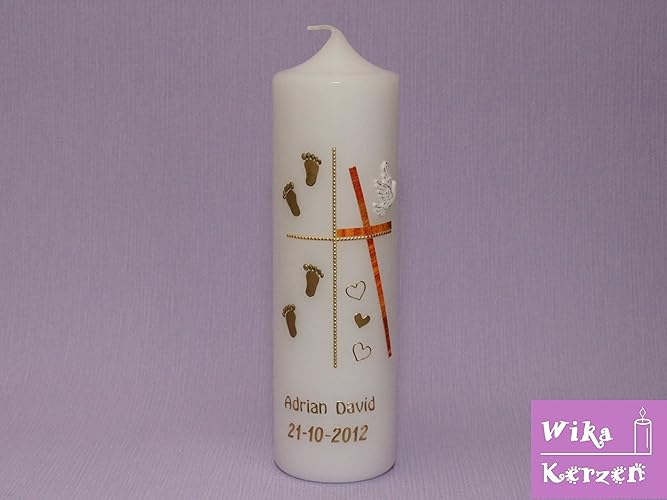 Taufkerze Kommunionkerze Gold Füße Kreuz Mädchen mit Name und Datum 25x7cm Taufe Kerze