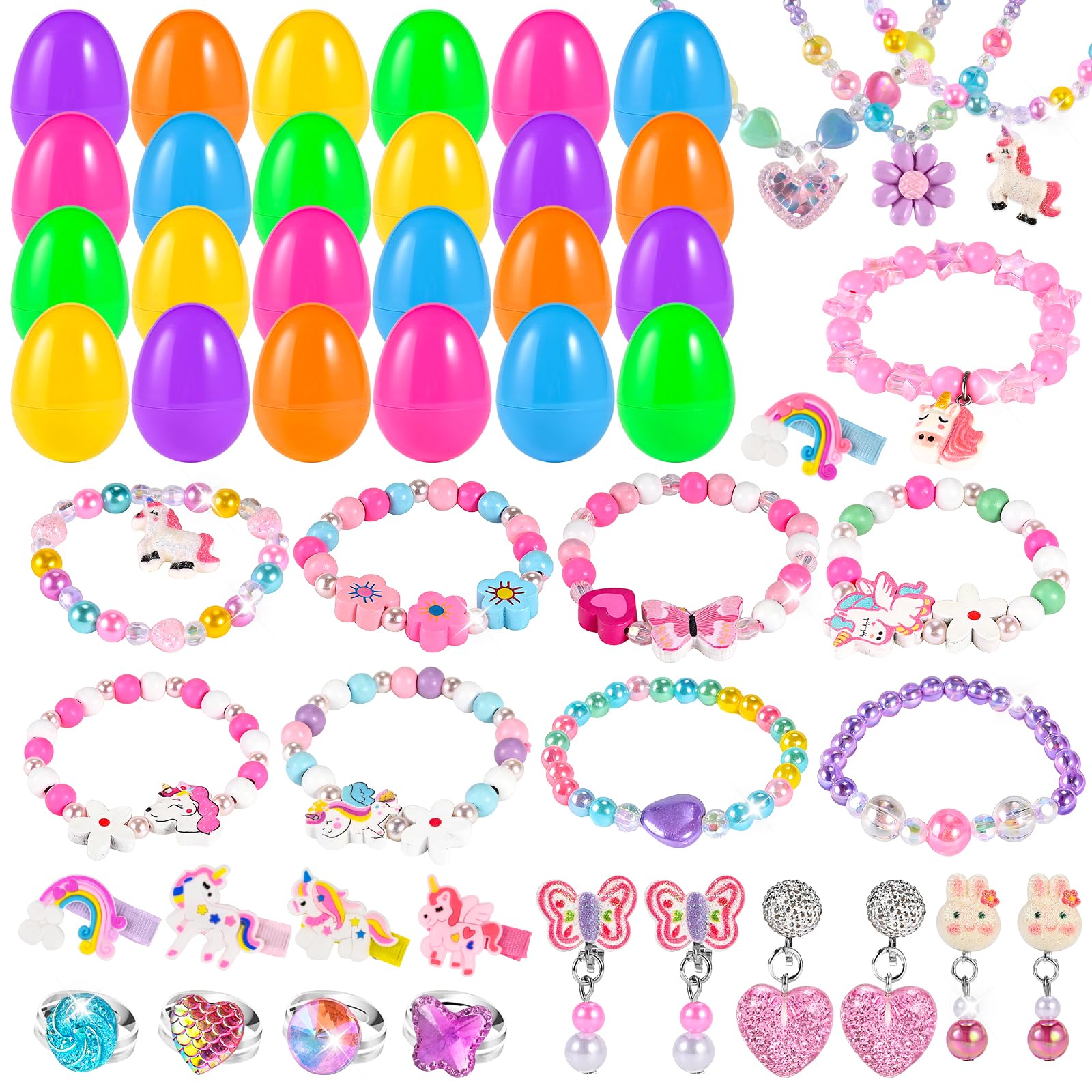 Faburo 24 Sets Easter Egg Filled Stuffers for Kids, 24 Count Plastic Easter Eggs with Toys for Girls, Toddler Princess Egg Fillers Jewelry Bracelets Necklace Ring Bulk, DIY Baskets Not Prefilled