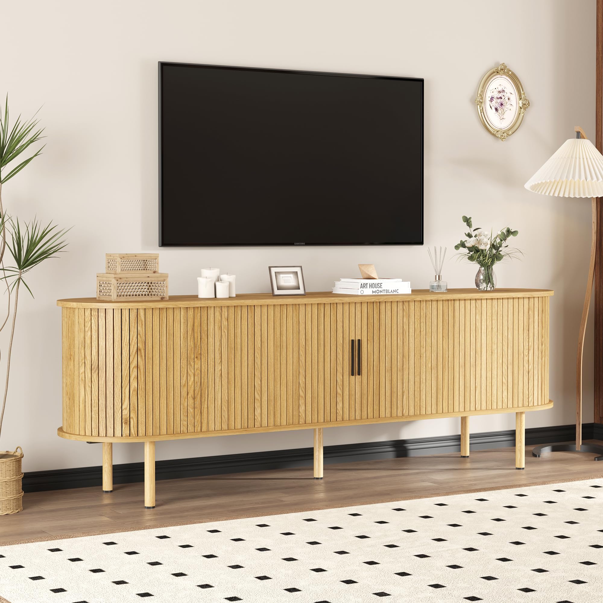 Photo 1 of ** USED / MISSING PARTS *** 70.1" TV Stand, Modern TV Console Table with Storage Compartment and Sliding Door, Gaming Entertainment Center with Cabinet for Living Room, Bedroom, Office, Oak