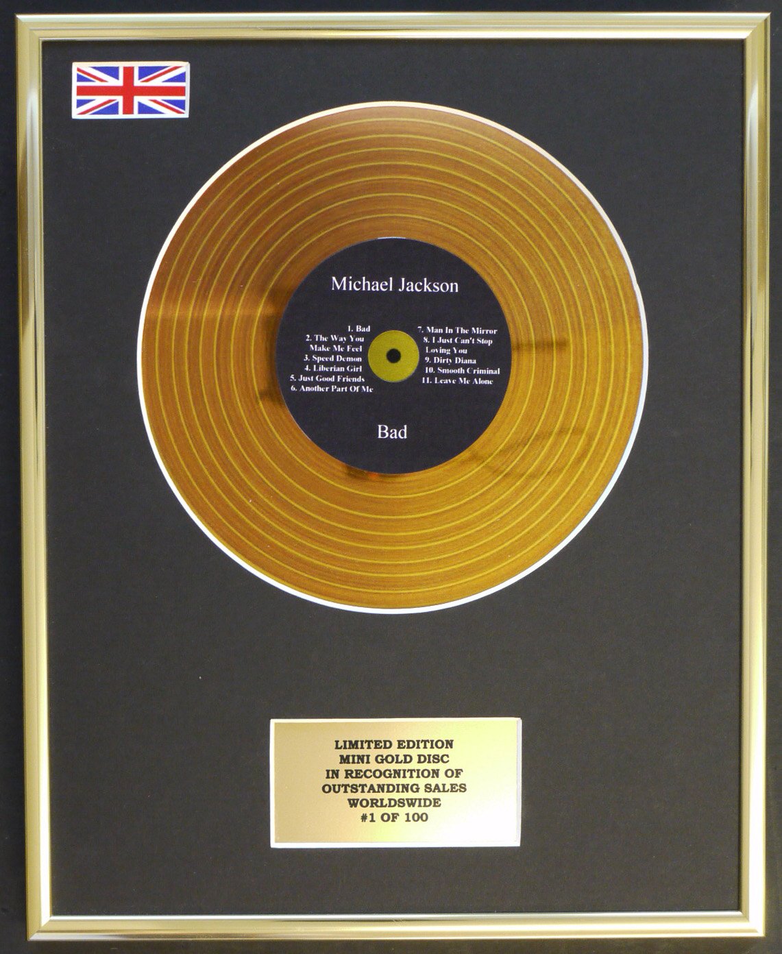 Limited Edition mini gold disc Display MICHAEL JACKSON/MINI GOLD DISC DISPLAY/LIMITED EDITION/COA/BAD