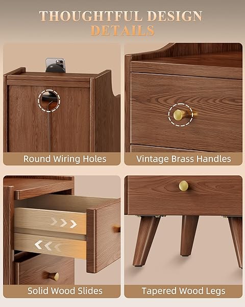 NARROW NIGHTSTAND WITH DRAWERS, 11.8″ SLIM SOLID WOOD BEDSIDE TABLE WITH OPEN SHELF & CABLE HOLE, MODERN STORAGE CABINET FOR SMALL SPACES, SIDE TABLE FOR BEDROOM & STUDY, WALNUT