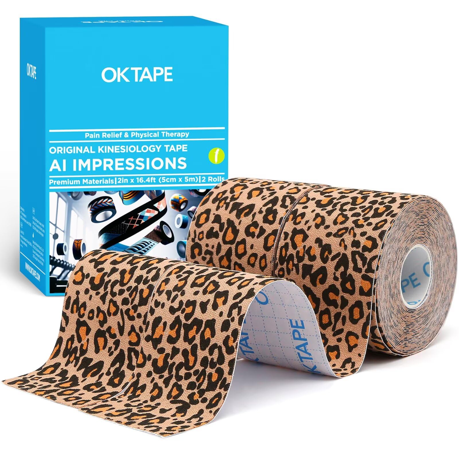 Photo 1 of OK TAPE Hypoallergenic Digtal Printed Kinesiology Tape, Elastic Sports Athletic Tape, 2 Rolls, 2in×16.4ft Uncut Roll-Cheetah