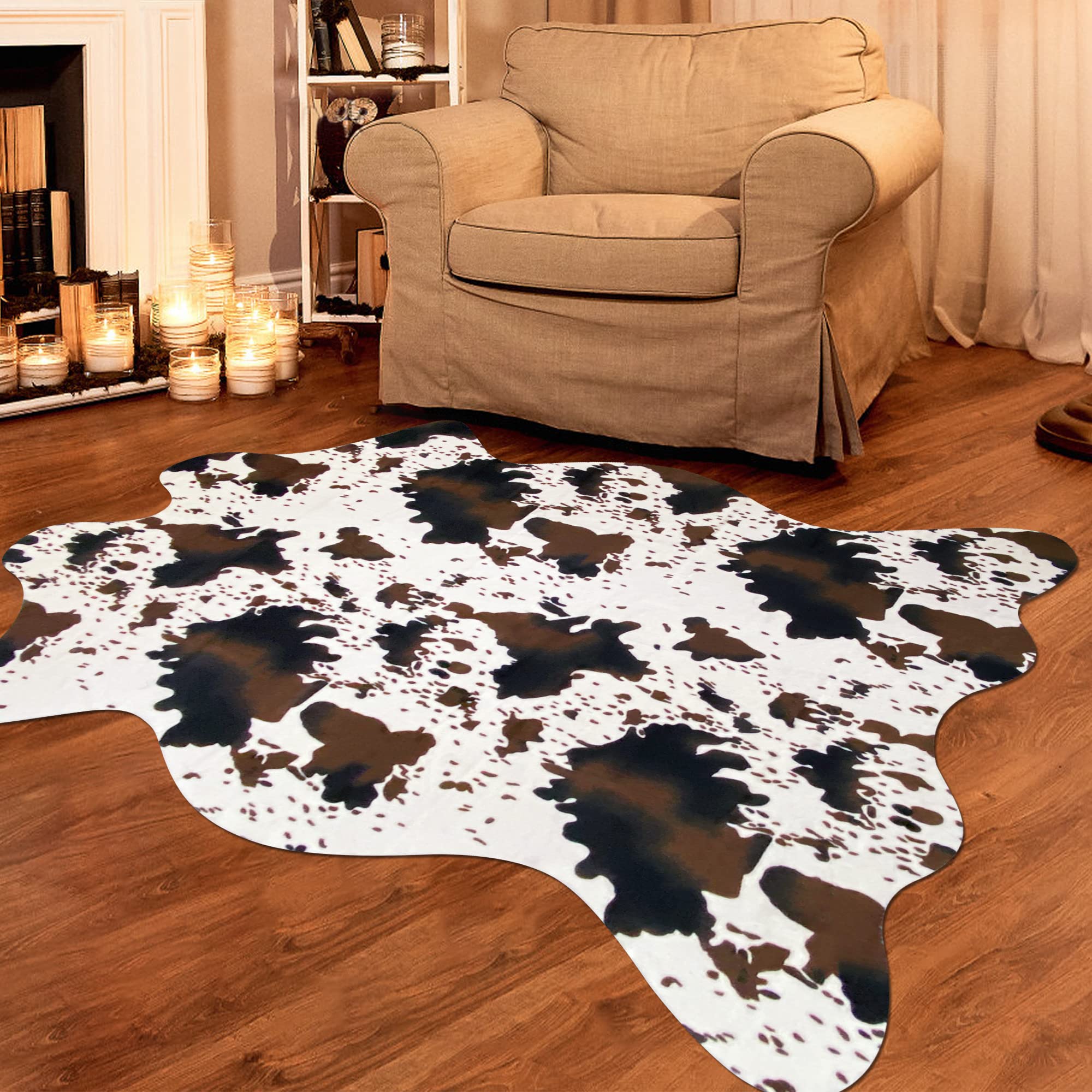 Photo 1 of Aoczes Faux Cowhide Rug Cute Cow Print Rug Cow Rugs for Bedroom Living Room Nursery Western Home Decor Area Rug, Brown and White 4.6 x 5.2 Feet