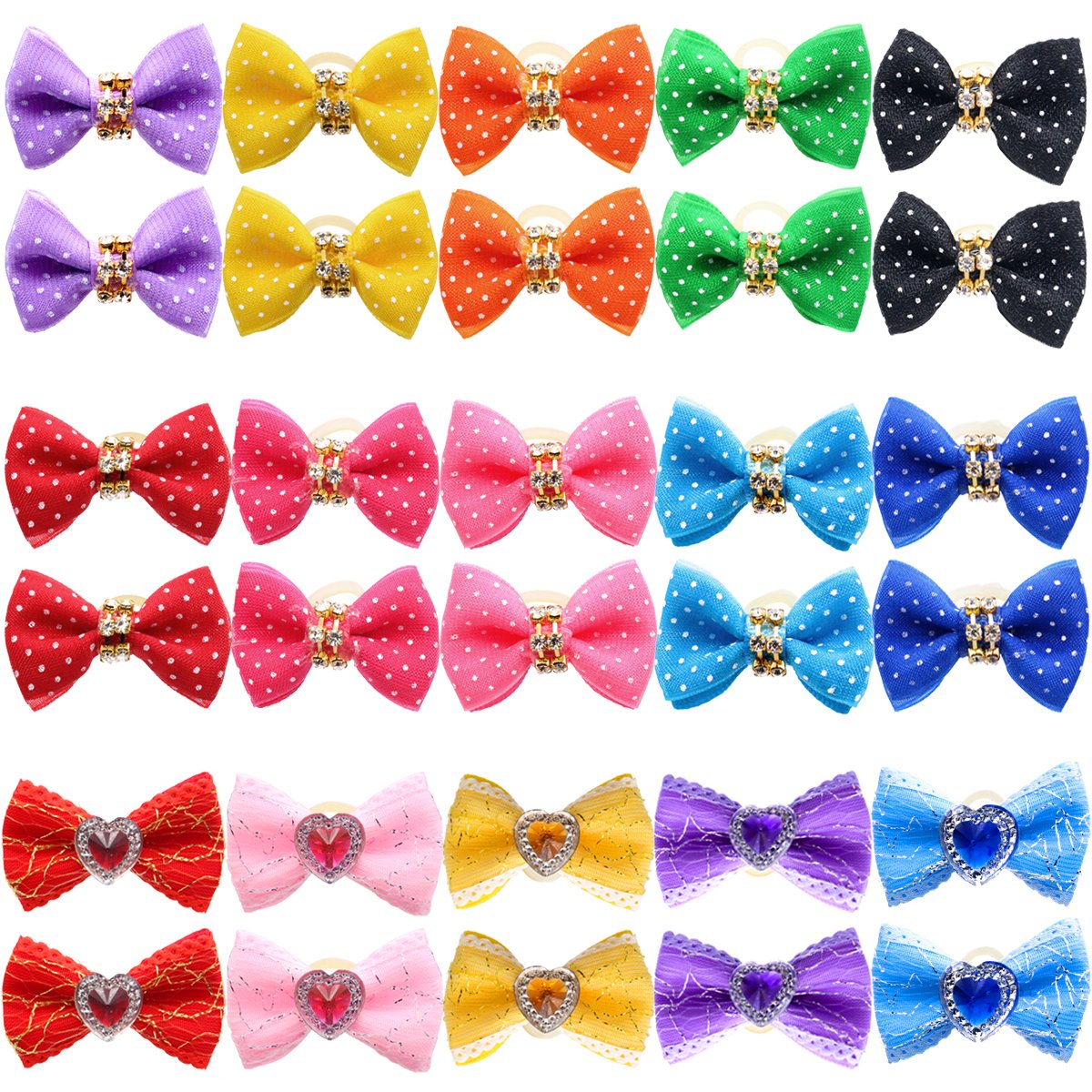 HOLLIHI 30pcs / 15 Pairs Adorable Grosgrain Ribbon Pet Dog Hair Bows with Rubber Bands - Puppy Topknot Cat Kitty Doggy Grooming Hair Accessories Bow knots Headdress Flowers Set for Groomer