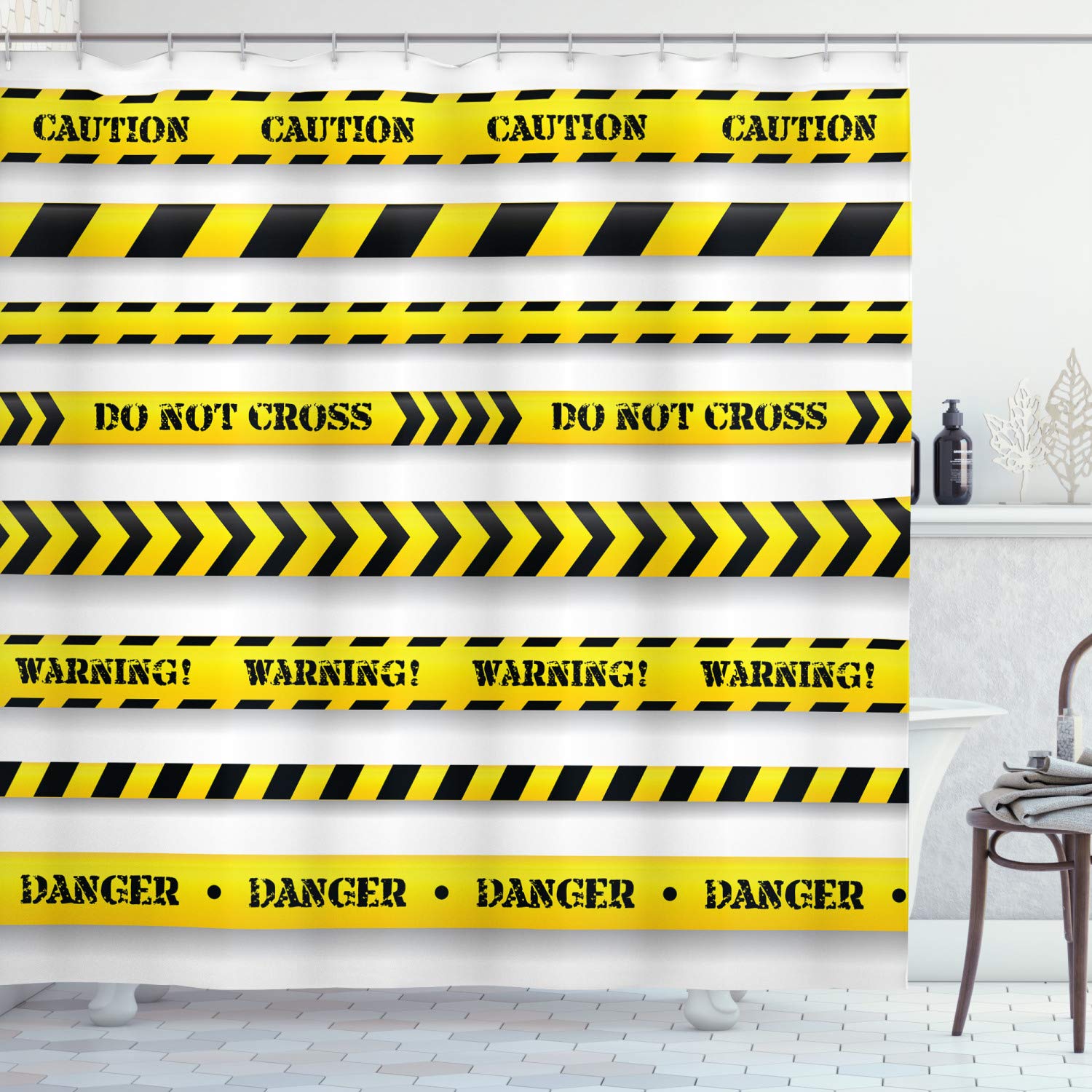 ABAKUHAUS Yellow Shower Curtain, Cautionary Tapes Arrangement Danger Warning Expressing Banners Security Theme, Cloth Fabric Bathroom Decor Set with Hooks, 78 Inches, Black Yellow