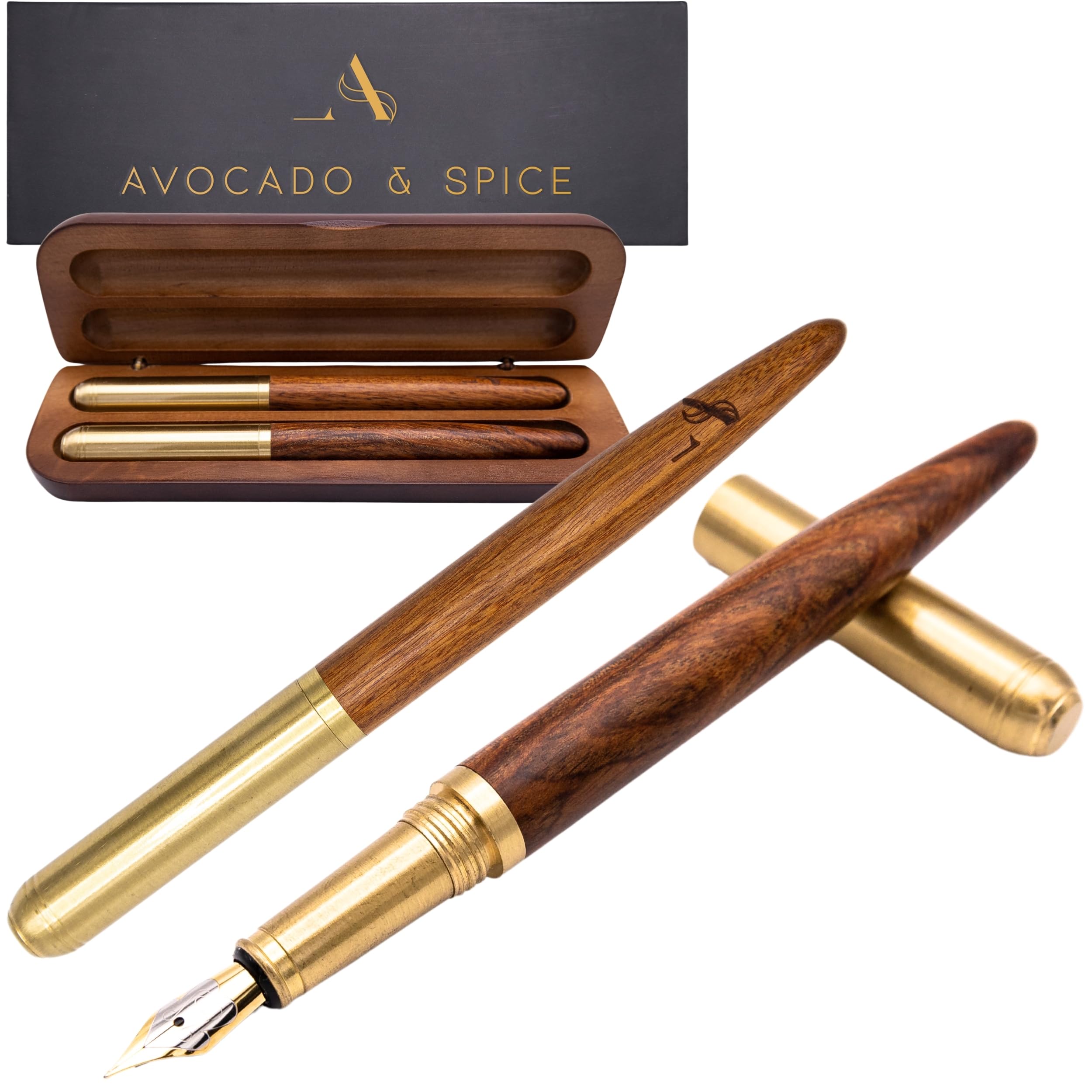 Fountain Pen and Roller Ball Pen Set by Avocado and Spice Gift Set (2 pcs) Brass/Sandalwood Premium Writing Pens Stationary Sets - Fountain Pens for Writing Pens for Women and Men Handwriting Pens