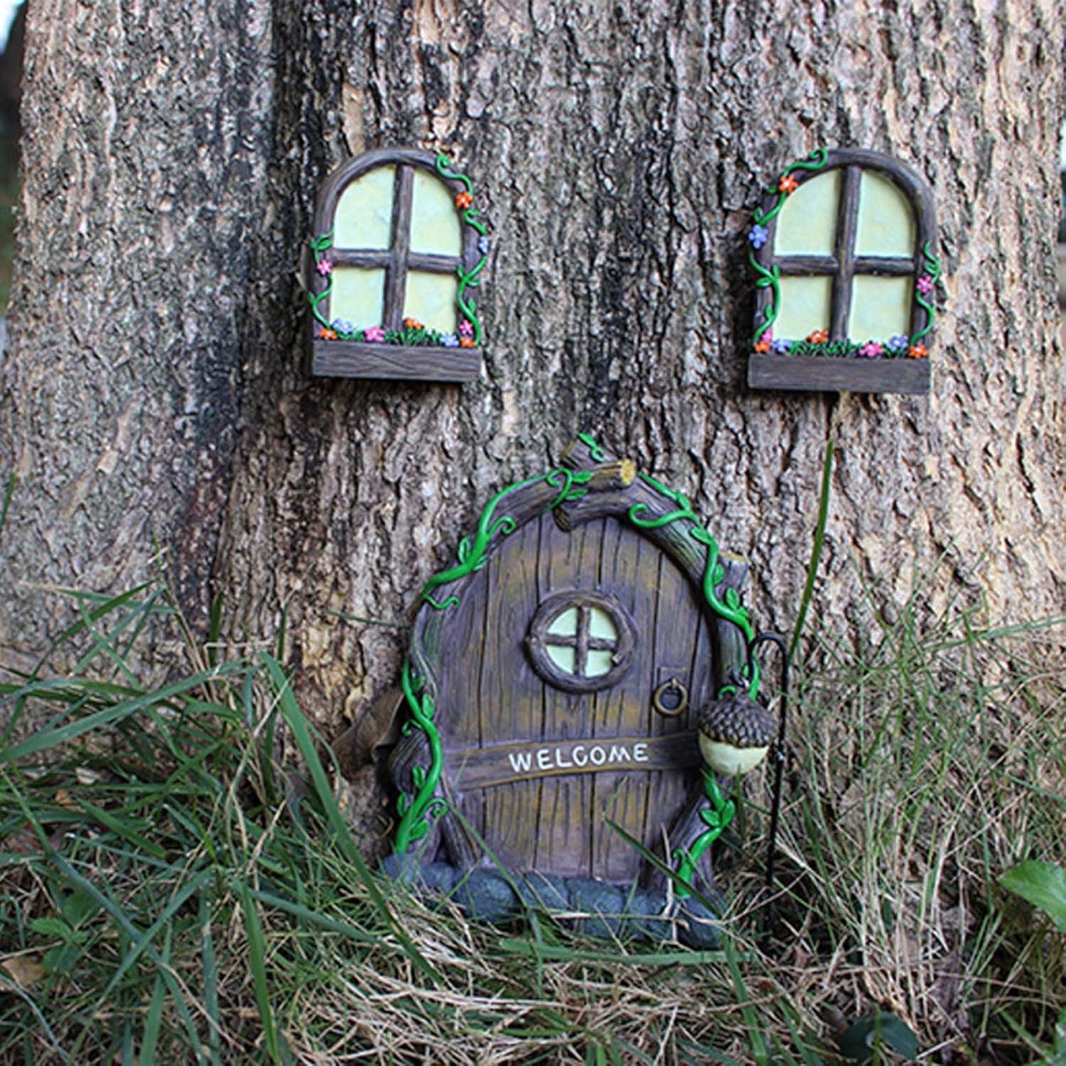 Garden Sculpture Decor, Miniature Fairy Gnome Home Window and Door for Trees, Yard Art Garden Sculpture Decoration, Doors and Windows in The Courtyard Garden Trees, Glow in The Dark Tree face Art
