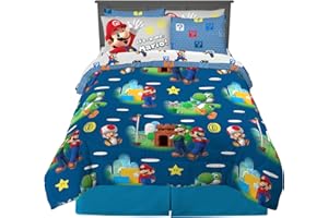 Super Mario Gamer Kids Bedding Super Soft Cozy Reversible Microfiber Comforter and Sheet Set with Sham, 5 Piece Full Size, (O
