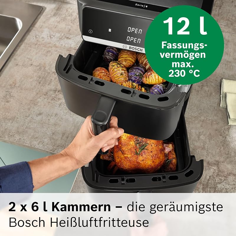 XXL Heißluftfritteuse, 12,0L Doppelkammer, platzsparend, 6 Programme, PFAS frei, schwarz, AirFryer Serie 6, MAFD661B0