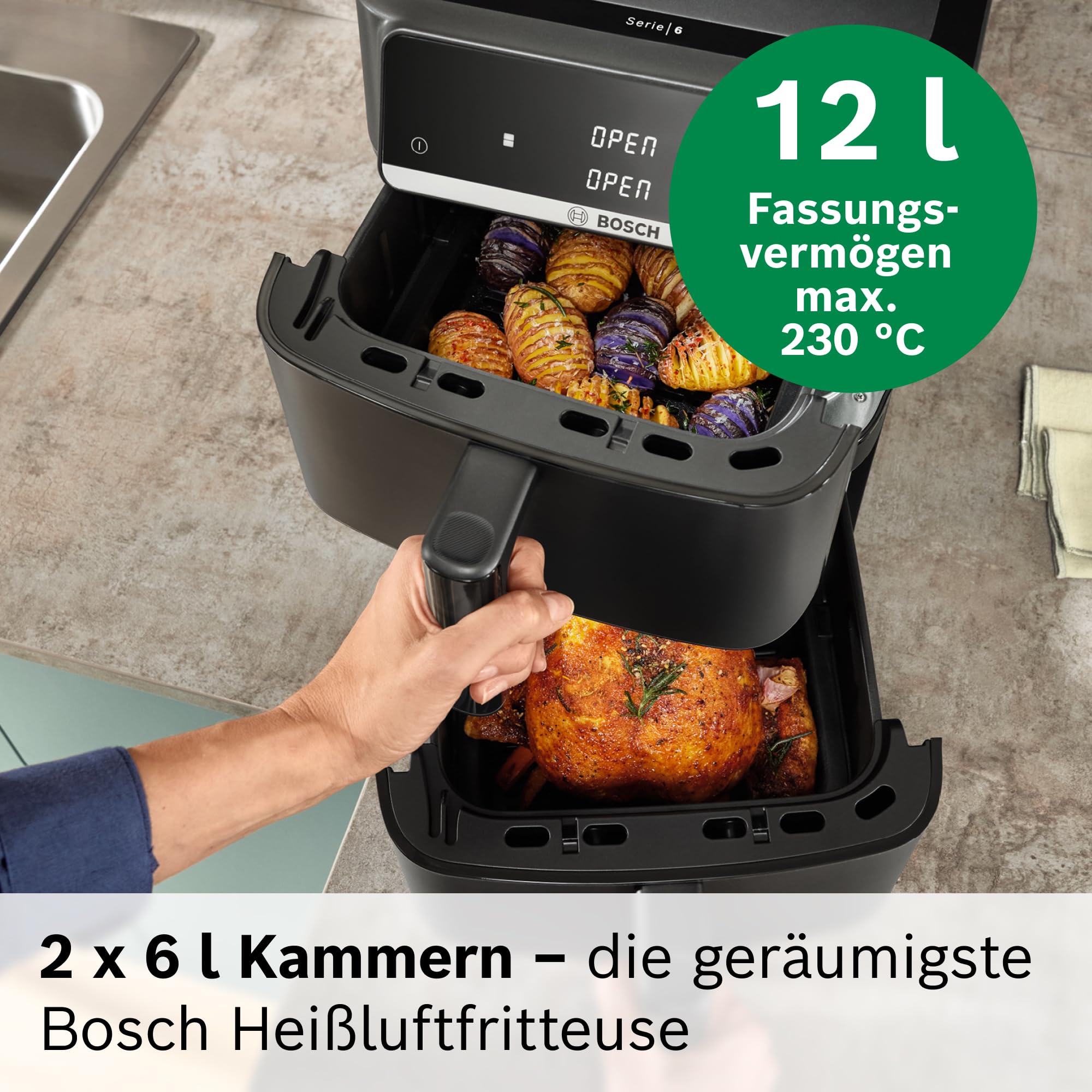 Bosch Serie 6 XXL Heißluftfritteuse, 12 L Doppelkammer, platzsparend, 6 Programme, PFAS frei, schwarz, AirFryer Serie 6, MAFD661B0 3