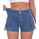 Aotasely Women's Denim Mini Cargo Shorts Casual Mid Waisted High Stretchy Jean Shorts Sexy Booty Shorts with Pockets Y2K