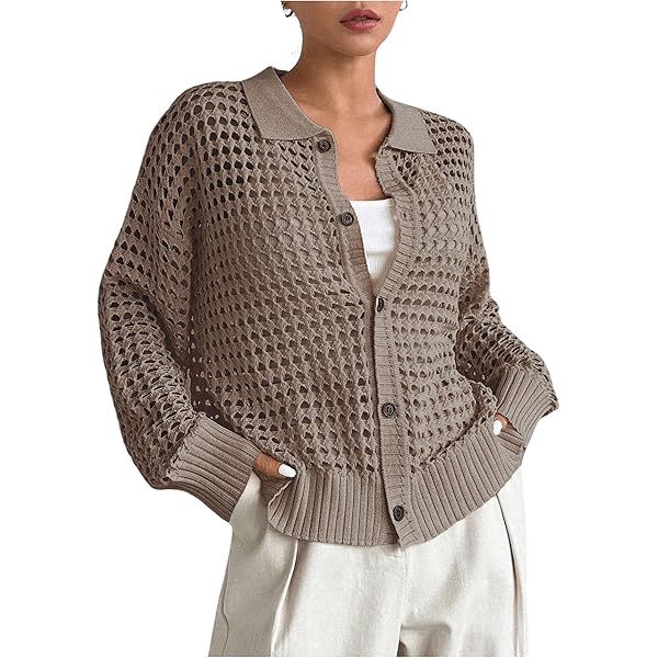 トップス FRONT WAVE CROCHET LIKE KNIT CARDIGAN HzDazrl Women Cute Crochet Knit Cardigan Tie Up Front Hollow