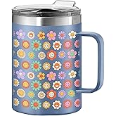 Oggi ThermoMug Stainless Steel Insulated Mug- Double Wall Vacuum Insulated w/Handle & Lid, Coffee Cup, Camping Mug, Travel Thermos, 14oz(420ml), Happy Flowers