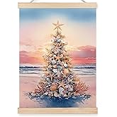 FDHSPAAM Beach Christmas Tree Wall Art Decor, Coastal Christmas Decor, Tropical Sunset Ocean Starfish Seashell Holiday Wall Art Posters for Beach House Home Bedroom Living Room, 12x16 Inch