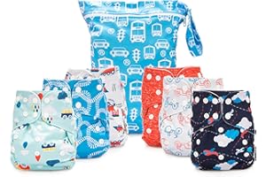 Simple Being Reusable Cloth Diapers, One Size Adjustable, Washable Soft Absorbent, Waterproof Cover, Eco-Friendly Unisex Baby Girl Boy, six 4-Layers Microfiber Inserts (Planes/Trains)