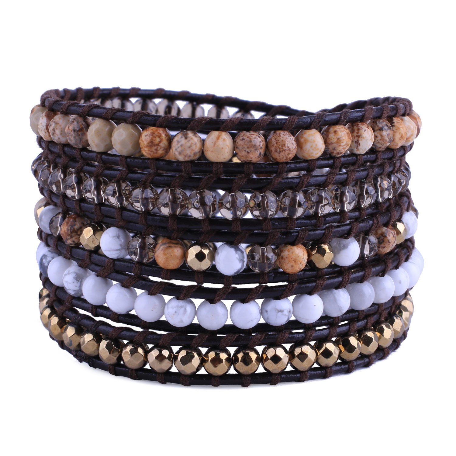 KELITCH Stone Wrap Bracelet for Women Adjustable Multilayer Genuine Leather Boho Handmade Beaded Bracelets (Coffee)