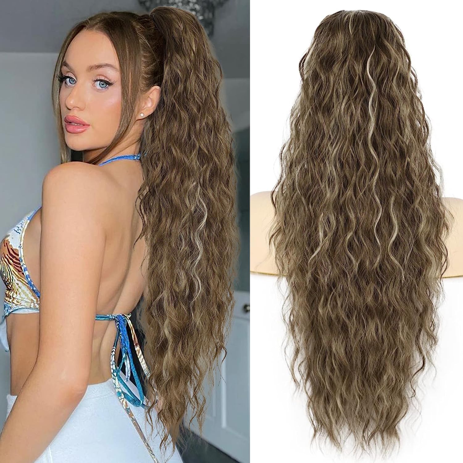 PORSMEER Long Curly Drawstring Ponytail Extension Brown mixed Blonde Clip in Pony Hair Extension Synthetic Water Curl Pony Tail Hairpiece for Women — image 1