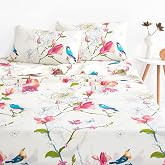 Wake In Cloud - Floral Bed Sheets, 100% Cotton, 4-Piece Sheet Set, Bird Patterned Printed Botanical Boho Flower Aesthetic Bedding, Deep Pocket, Pink Beige, Queen Size