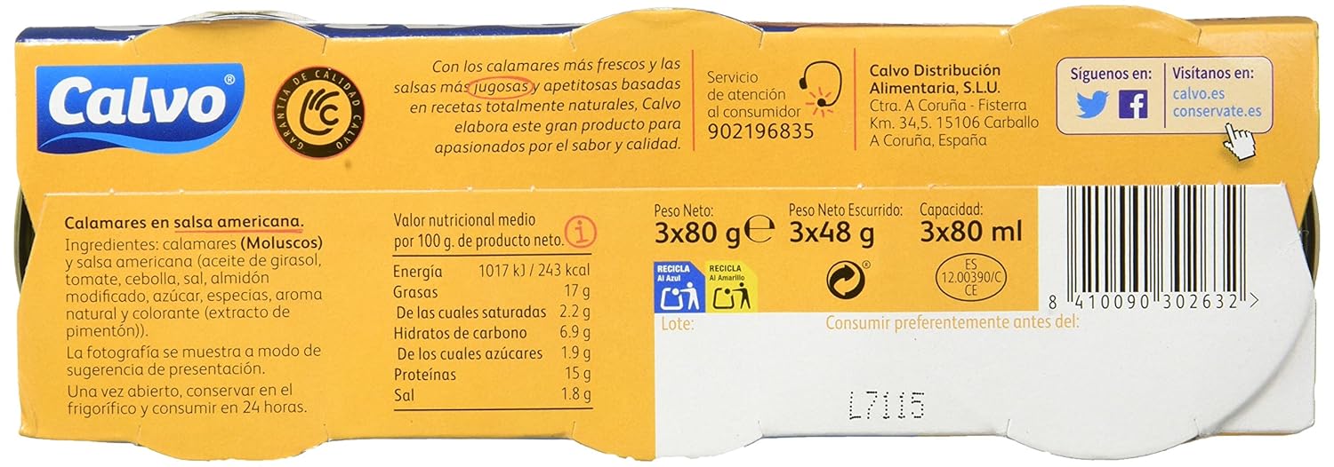 Calvo Calamares en Salsa Americana - Paquete de 3 x 80 g - Total ...