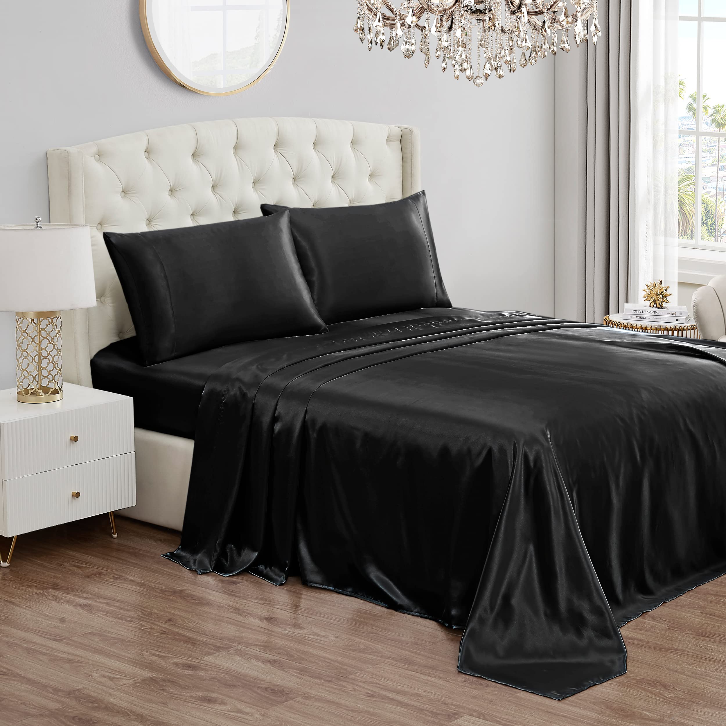 Juicy Couture King Size Satin Bed Sheet Set, Deep Pocket Silky Satin King Sheet Set with 1 Fitted Sheet, 1 Flat Sheet and 2 Pillow Case, Wrinkle Resistant and Anti Pilling Satin Bed Sheets - Black