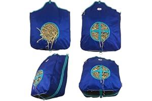 Majestic Ally Nylon Hay Feeder Tote Bag for Horse, Goat, Sheep - Double Sides Open Feed Hole with Faux Leather Ventilated Bottom- Premium Quality -Simulates Grazing - Reduces Waste (ROYAL BLUE)