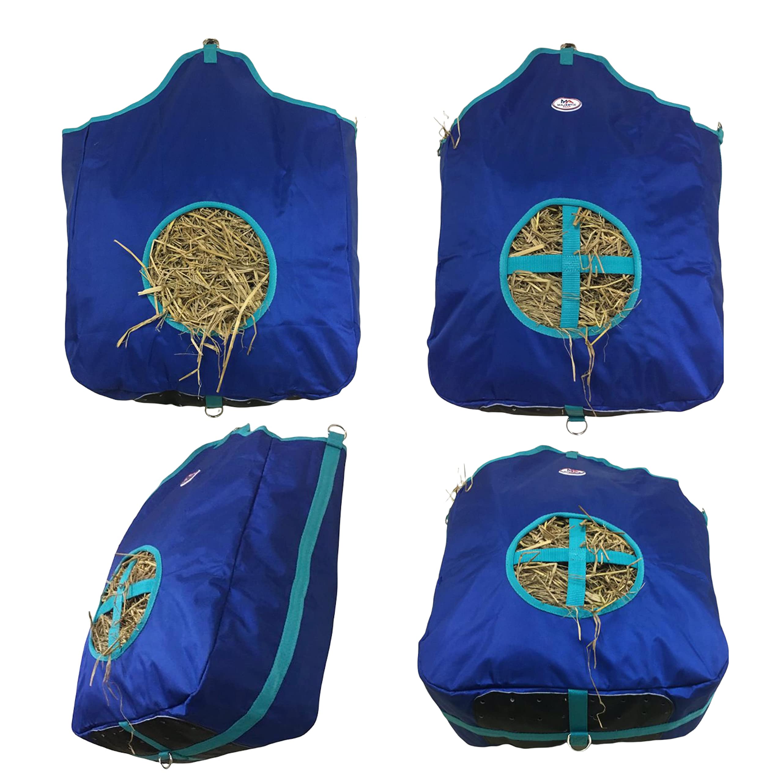 Majestic Ally Nylon Hay Feeder Tote Bag for Horse, Goat, Sheep - Double Sides Open Feed Hole with Faux Leather Ventilated Bottom- Premium Quality -Simulates Grazing - Reduces Waste (Royal Blue)