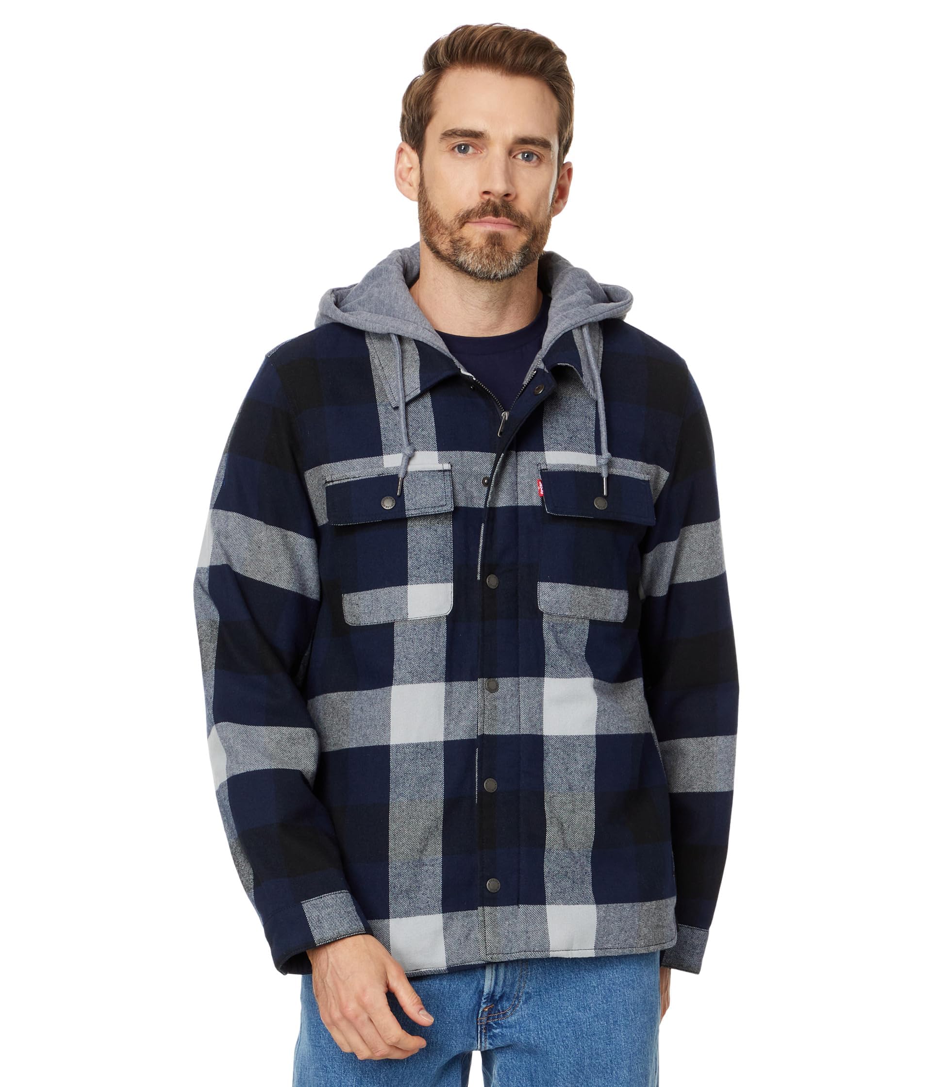 Levi's Men's Plaid Sherpa Lined Hooded Shirt Jacket (Regular & Big & Tall Sizes), Navy Buffalo Check, X-Large Image