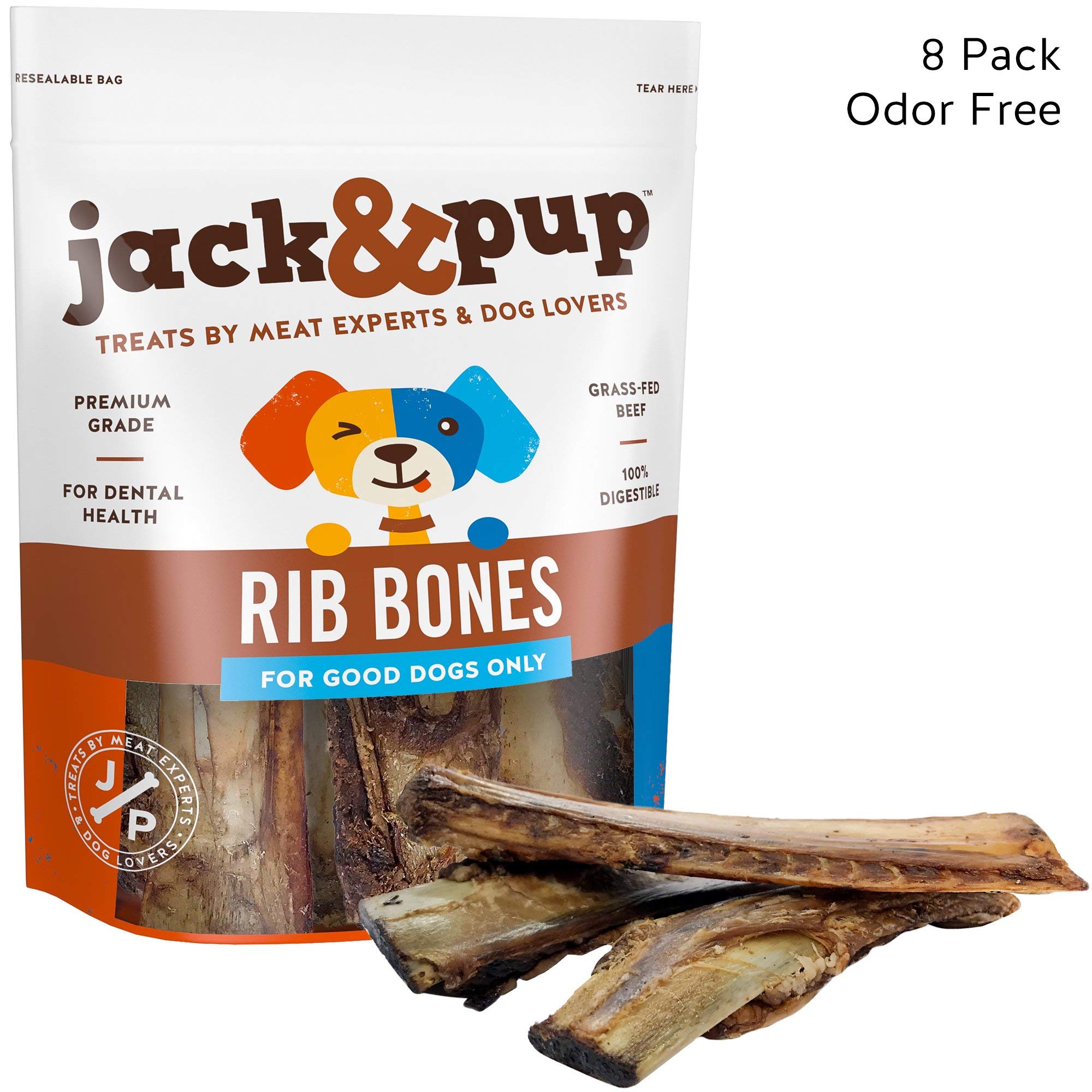 Jack&Pup Premium Grade Roasted Beef Ribs Dog Bone Treats (8 Pack) – 7” Long All Natural Gourmet Dog Treat Chews – Savory Smoked Beef Flavor