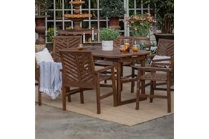 Walker Edison 6 Person Outdoor Wood Chevron Patio Furniture Dining Set Extendable Table Chairs All Weather Backyard Conversation Garden Poolside Balcony, 7 Piece, Dark Brown