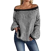 MARZXIN Women's 2026 Fall Long Sleeve Sweaters Casual Loose Striped Off Shoulder Casual Oversized Knitted Sweater Pullovers