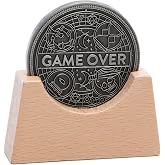 Stellar Factory Game Over Coin, 1.5" Metal Decision Coin with Stand | Flip to decide or spin the arrow | includes a wood display base | substantial weighted build with a directional spin arrow