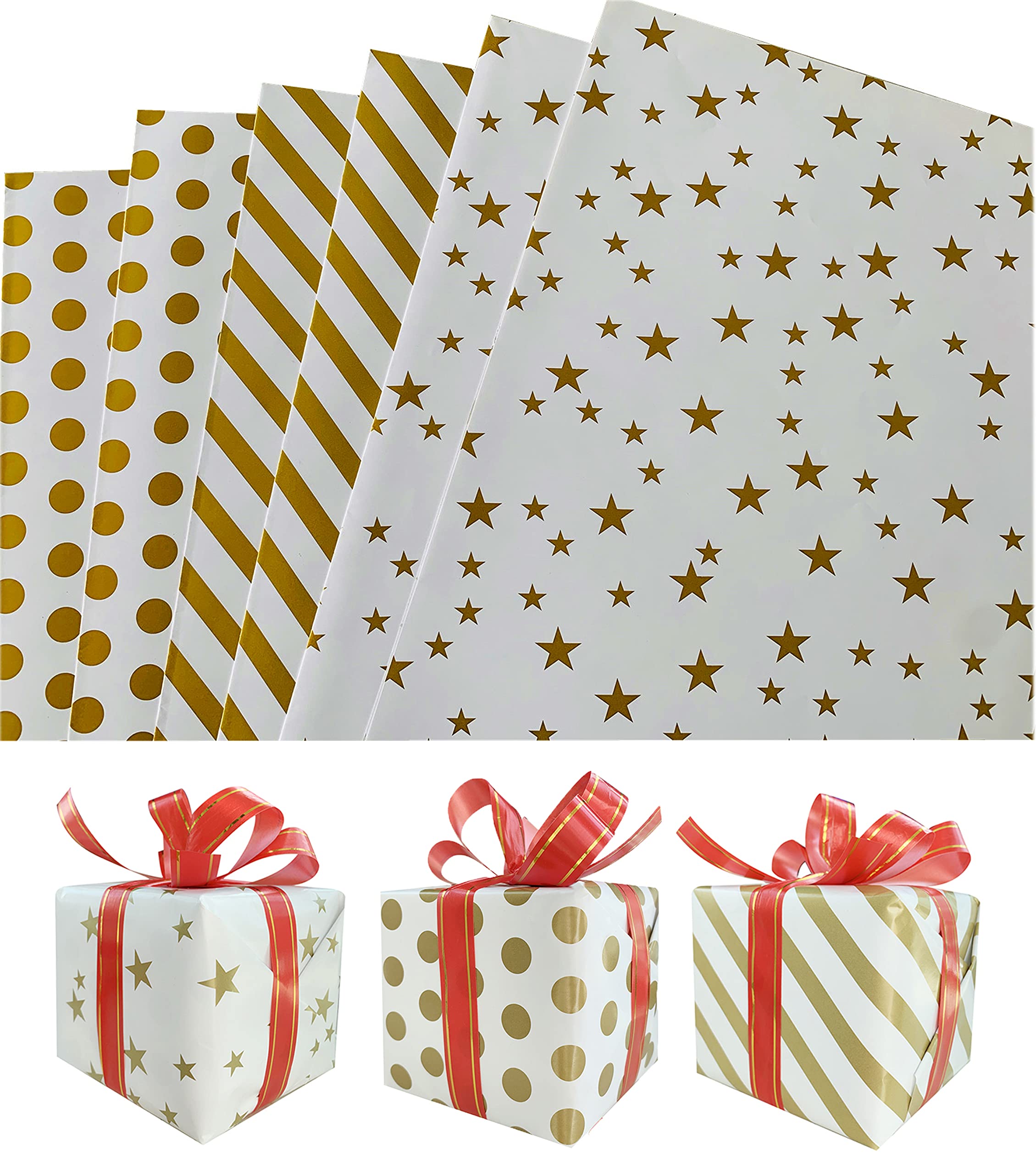 KSTPEL Wrapping Paper, Polka Dots, Stars and Diagonal Stripes Golden Gift Wrapping Paper, 3 Sheets of Folding Wrapping Paper，Suitable for Men, Women and Children (70 cm x 50 cm)…