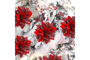 12Pcs Poinsettia Flowers Christmas Decor, Christmas Decorations Artificial Flowers with Clips and Stems, Fake Flowers Decor f