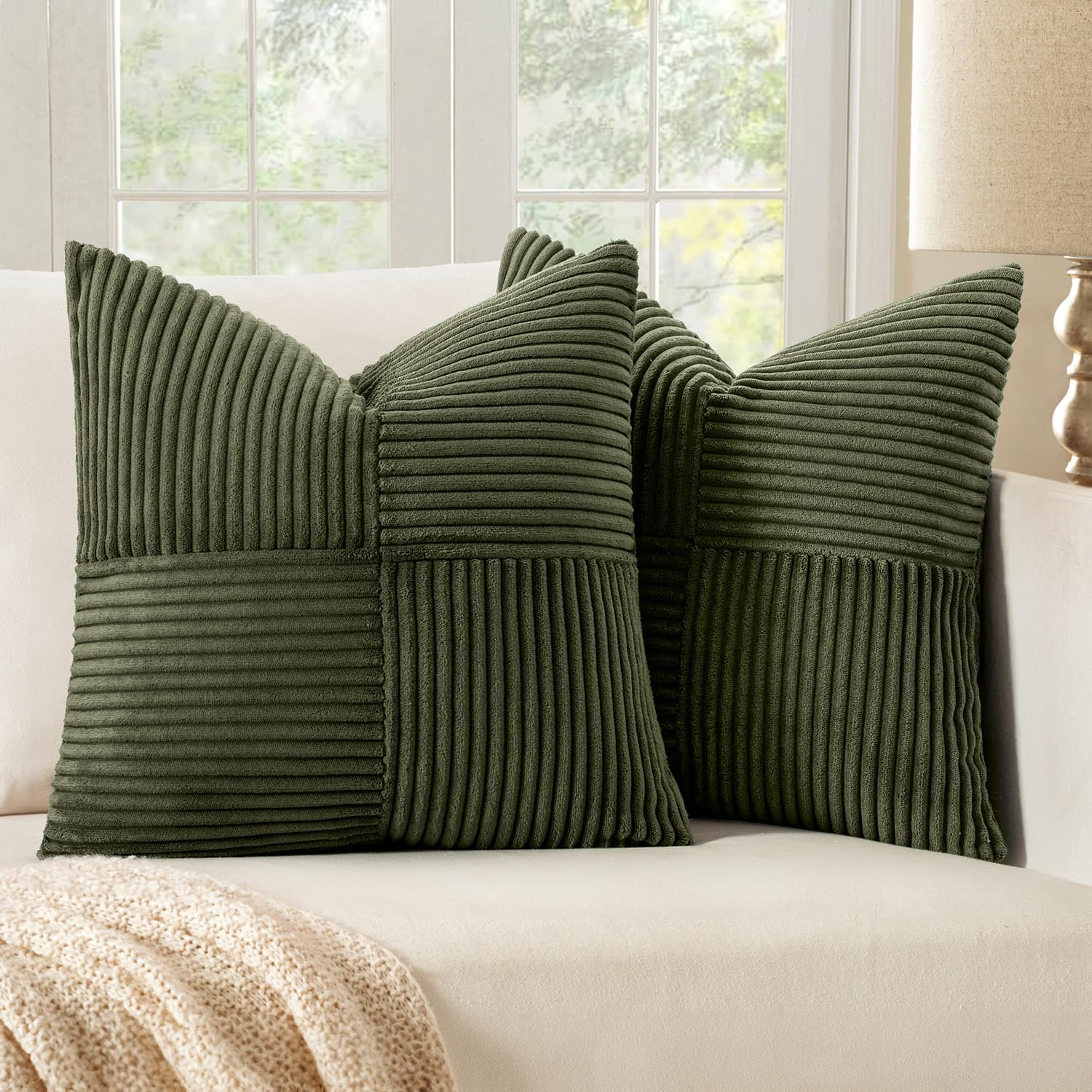 Photo 1 of ***(STOCK PHOT FOR REFERENCE ONLY/ COLOR WILL DIFFER)***MIULEE Olive Green Corduroy Pillow Covers Pack of 2 Boho Decorative Spliced Throw Pillow Covers Soft Solid Couch Pillowcases