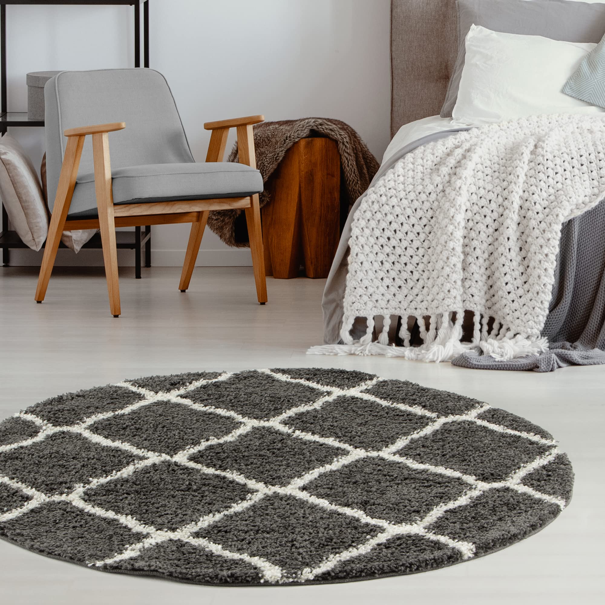 THE RUGS Shaggy Rug – Modern Moroccan Design Rugs for Living Room, Bedroom, Hallway, 3 cm Thick Area Rugs, (Moroccan Dark Grey/Ivory, 120cm Round)