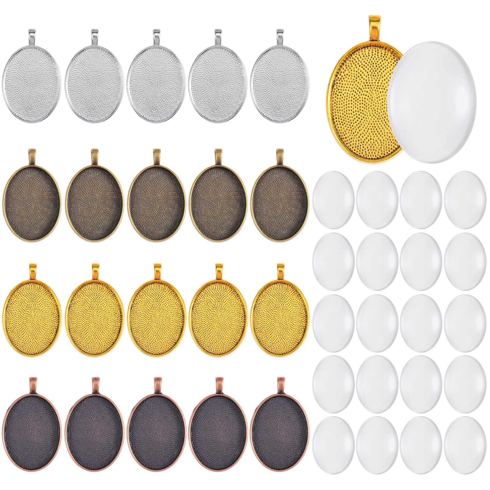 COGCHARGER Oval Cabochons Settings Including 20 Pcs Alloy Pendant Cabochon Settings and 20 Pcs Transparent Oval Glass Cabochons for Jewelry Making