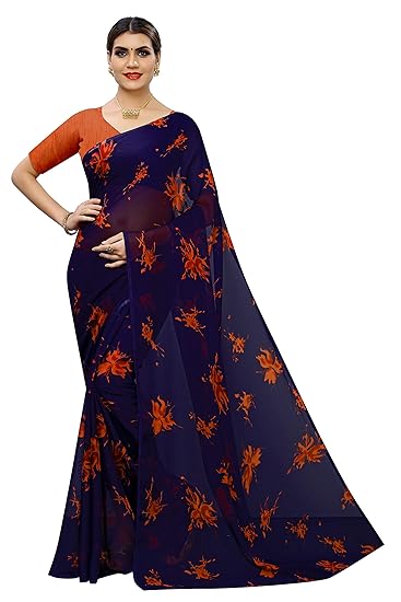 KSH Trendz Soft Georgette Crepe Blend Saree With Blouse Ideal For Women & Girls (25 DESIGNS AND PRINTS) (Navy Red)