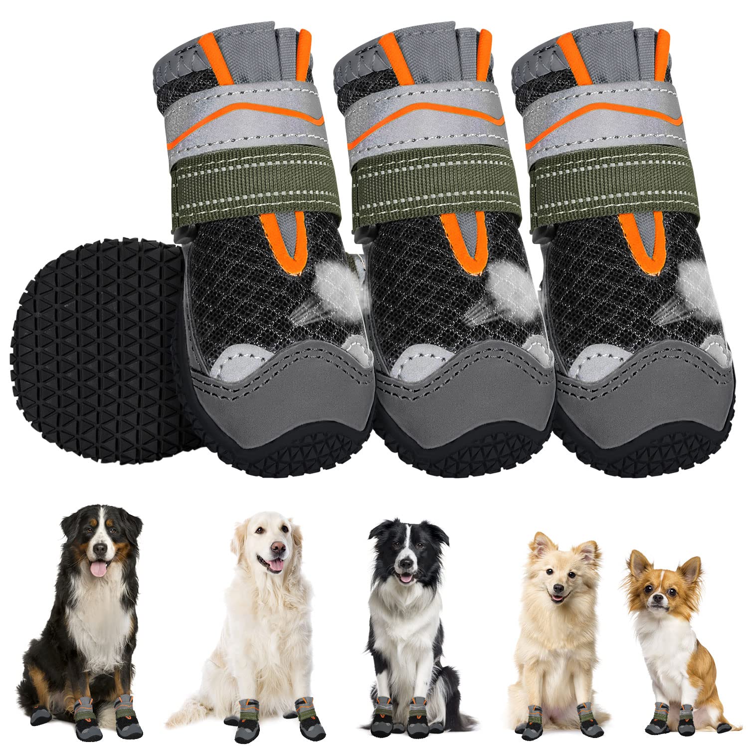SlowTon Dog Boots for Injured Paws Waterproof, Non-Slip Paw Protector for Rainy Snowy Breathable for Hot Pavement, Puppy Shoes with Adjustable Reflective Strip Dual Washable for Small Medium Large Dog