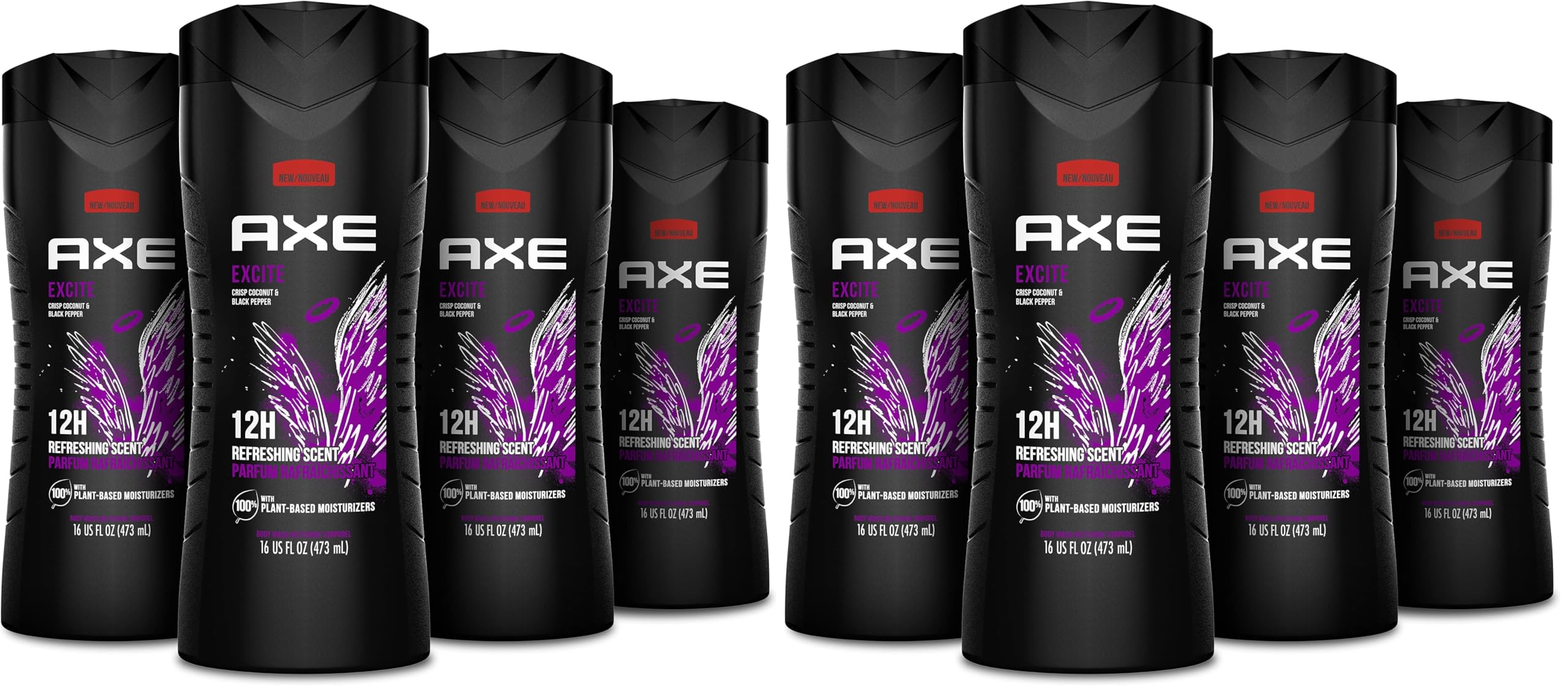 AXE Body Wash 12h Refreshing Scent Excite Crisp Coconut & Black Pepper Men's Body Wash with 100% Plant-Based Moisturizers 16 oz, (Pack of 8) Image