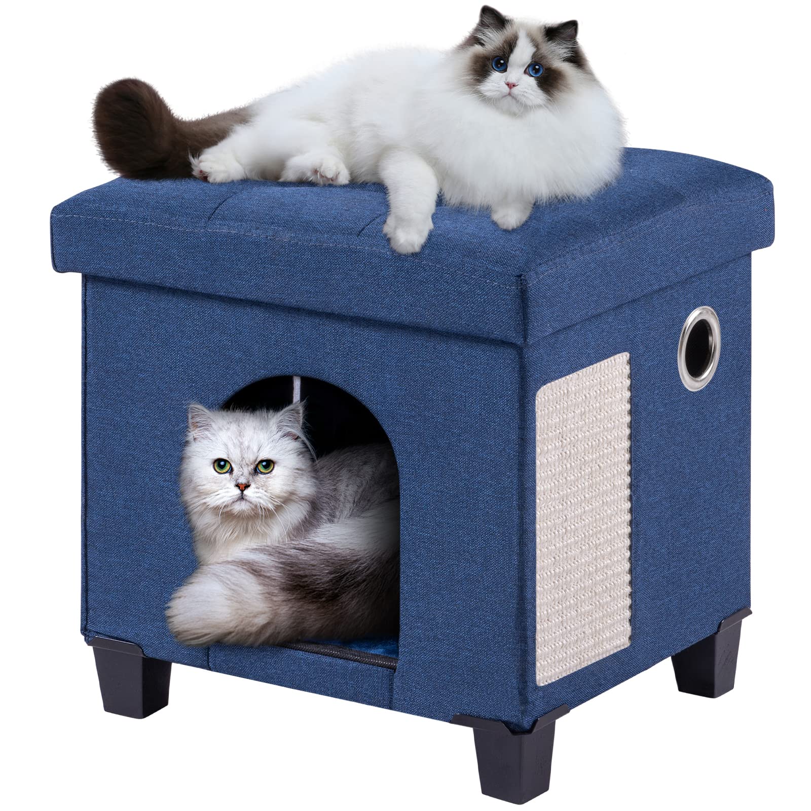 BRIAN & DANY Collapsible Cat Cave for Indoor Cats, Multifunctional Cube Cat House with Cat Scratch Board & Ball, 37x 31.8 x 36 cm, Blue — image 1