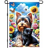 IVN Yorkshire Terrier Dog Spring Garden Flag 12x18 Inch Yorkie With Black Kitten Cat Sunflowers Roses Butterfly Floral Flower Garden Double Sided Vertical Small Yard Flag Seasonal Outdoor Decoration for Outside Home Front Door Lawn Porch Patio Welcome Spring Summer Decor