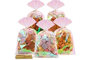 SUREHOME Cellophane Bags, 100 Pcs 6x10 Inches Clear Treat Bags with Ties Plastic Gift Bag Holographic Iridescent Pink Goodie Bag for Party Favors Wedding Candy Valentine Snack Popcorn Cookies Packing