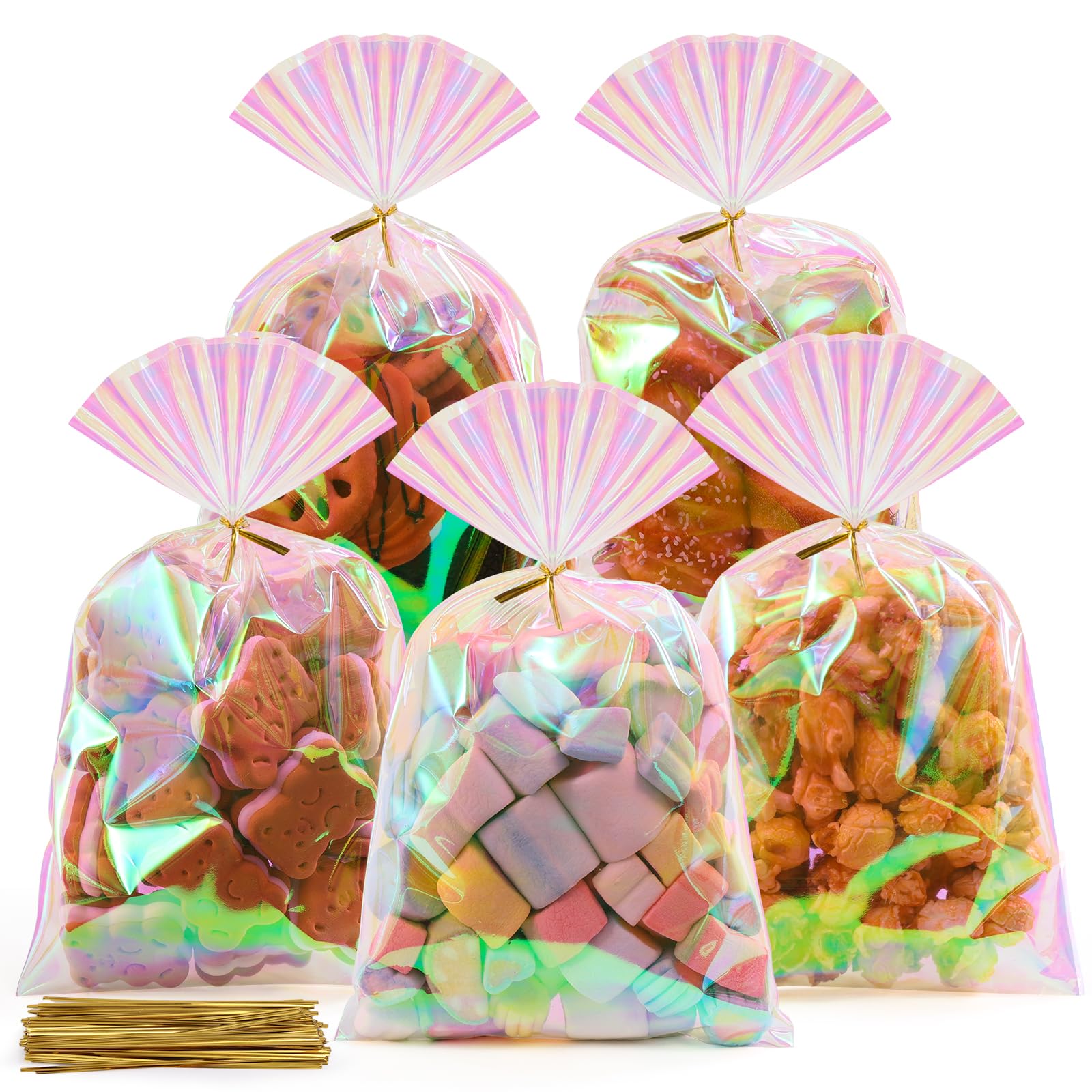 Photo 1 of SUREHOME Cellophane Bags, 100 Pcs 6x10 Inches Clear Treat Bags with Ties Plastic Gift Bag Holographic Iridescent Pink Goodie Bag for Party Favors Wedding Candy Valentine Snack Popcorn Cookies Packing