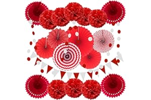 ZERODECO Party Decoration, 21 Pcs Red Hanging Paper Fans Pom Poms Flowers, Garlands String and Triangle Bunting Flags for Birthday Parties Baby Showers Wedding