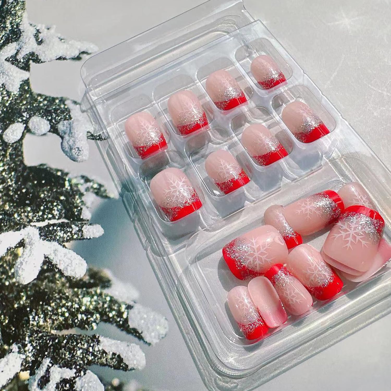 Christmas Press on Nails Short Square with French Glitter Design,Snowflake Fake Nails Red Glossy Sparkly Silver Xmas Nail White Snow Full Cover Glue on Nails False Nail Winter Stick on Nails for Women - Image 3