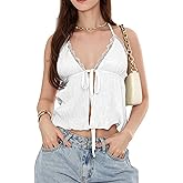 Women Tie Front Crop Top Lace Trim Halter Tank Flowy Y2k Going Out Tops Sexy Split Cami Shirt