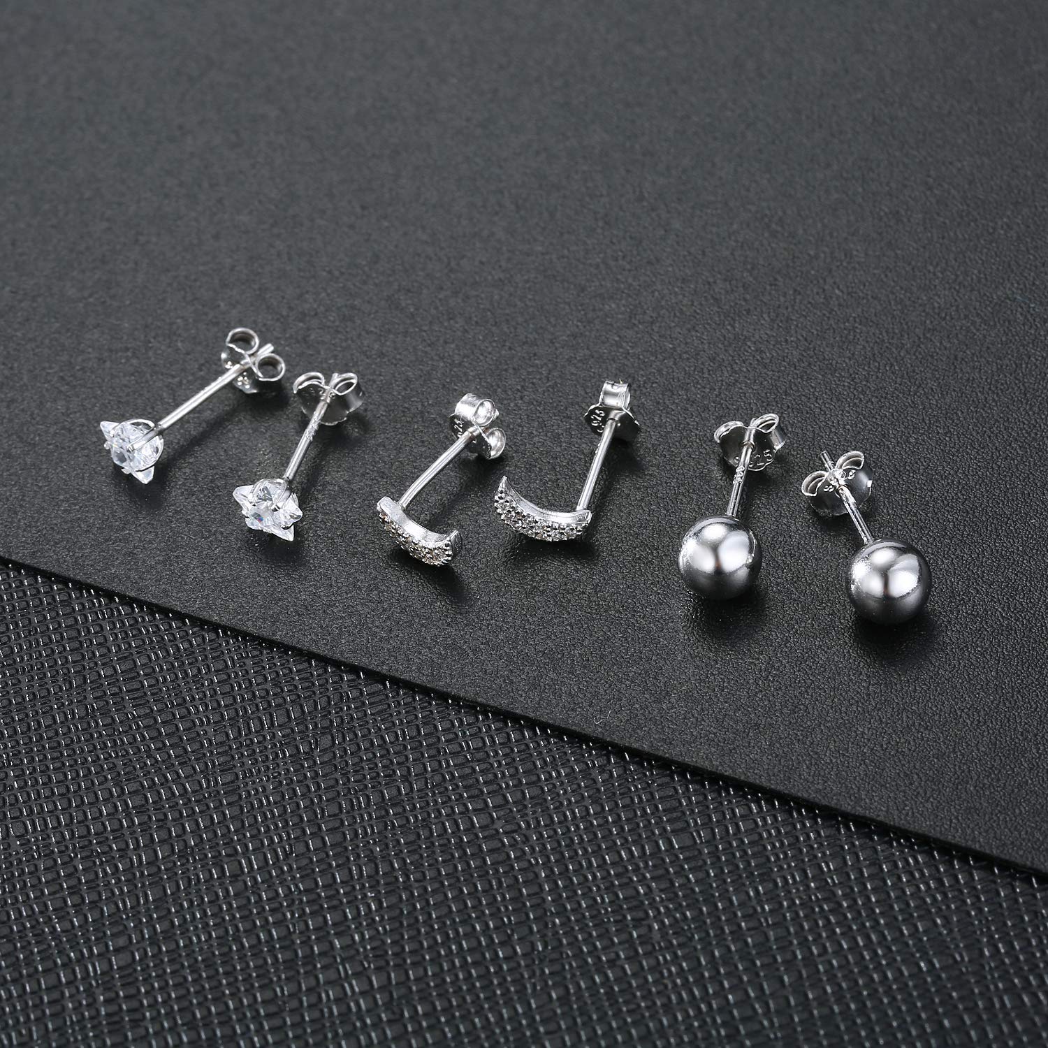 925 Sterling Silver Ball Stud Earring Set 3 Pairs Star Moon Stud Earrings Hypoallergenic CZ Earring Set for Women